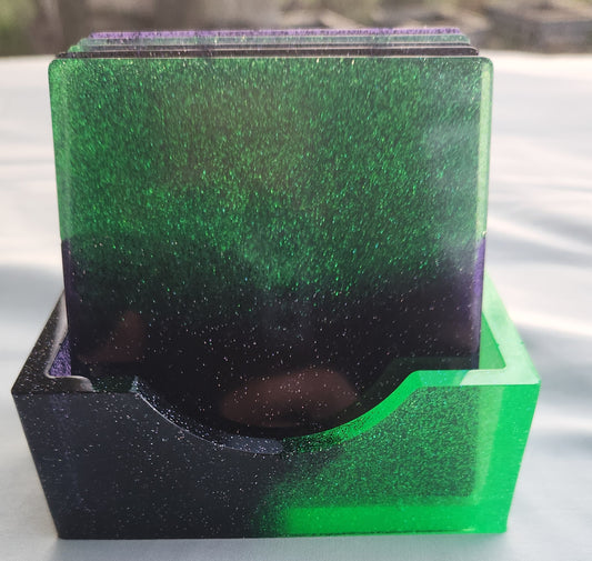 Green/Purple 4 Piece Coaster Set with Holder